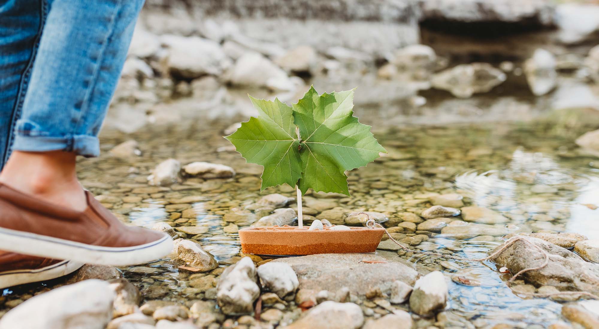 A cork boat on a stream.