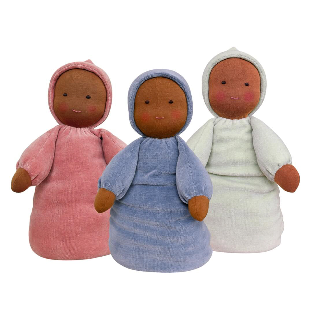 Bella Luna Toys Waldorf Doll with dark skin in three colorways.