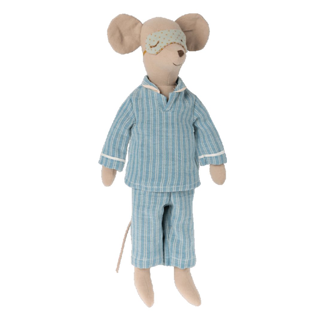 A medium Maileg mouse stuffed animal in blue striped pajamas and a polkadot eyemask.