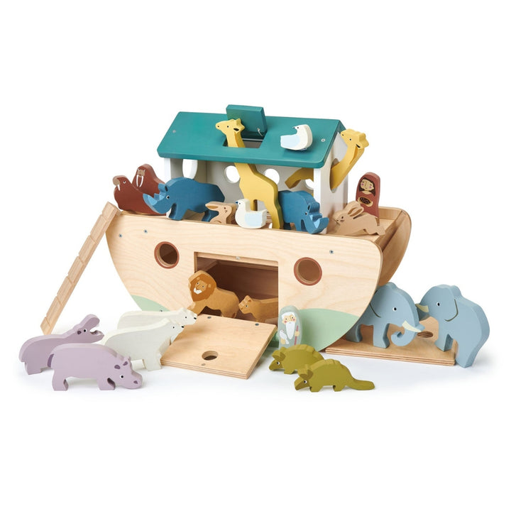 Tender Leaf Toys Wooden Noahs Ark with an assortment of wooden animal figures.