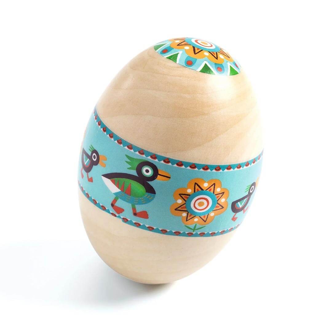 Animambo Egg Shaped Maraca Musical Instrument with a blue strip around the middle and top of painted designs, puffins, and flowers