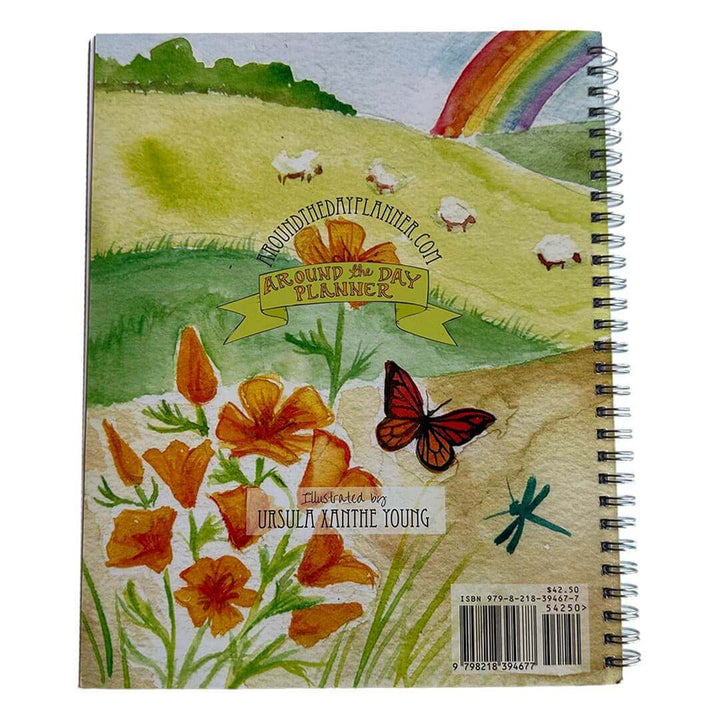 Back of the Around the Day Planner illustrated by Ursula Xanthe Young with flower, field, and rainbow illustration