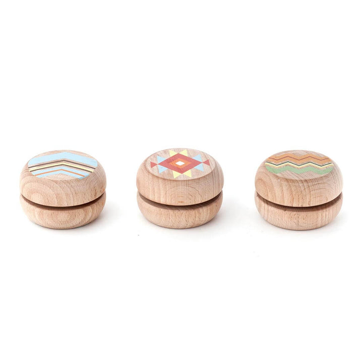 3 assorted wooden yoyos with painted designs