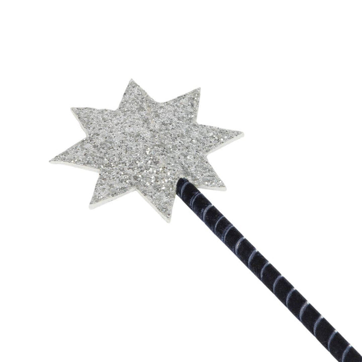 Sparkly silver star wand from the 3 piece Blue Velvet Wizard costume.