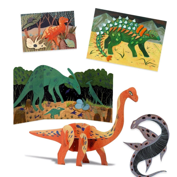 Completed artwork from the Dinosaur World multi-activity craft kit from Djeco.