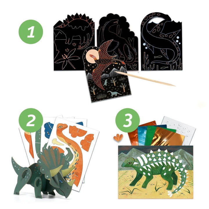 Contents of the Dinosaur World multi-activity craft kit from Djeco.