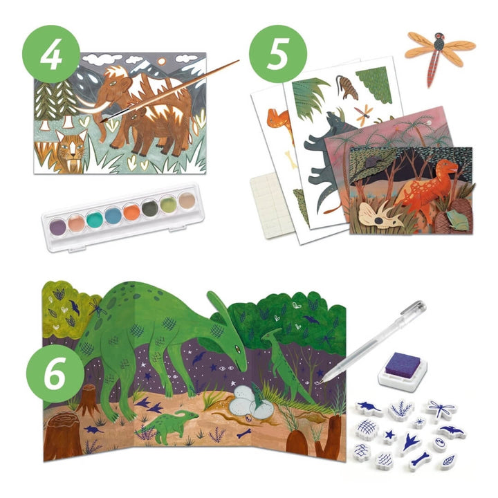 Contents of the Dinosaur World multi-activity craft kit from Djeco.