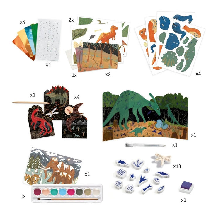 Contents of the Dinosaur World multi-activity craft kit from Djeco.