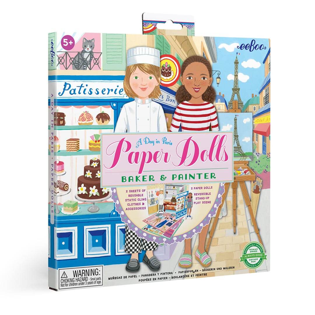 Eboo Paper Dolls a Day in Paris - Baker & Painter box cover with illustrated baker and painter in Paris