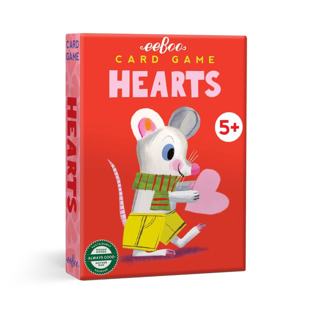 eeBoo Hearts card game in a red box with a mouse holding a pink heart on the cover.