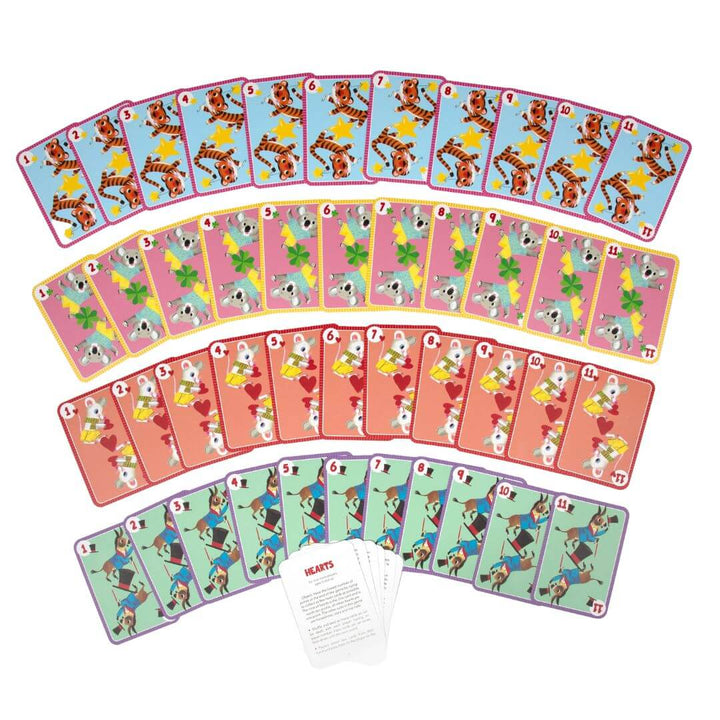 Assortment of animal themed cards with numbers on them from the eeBoo Hearts card game.