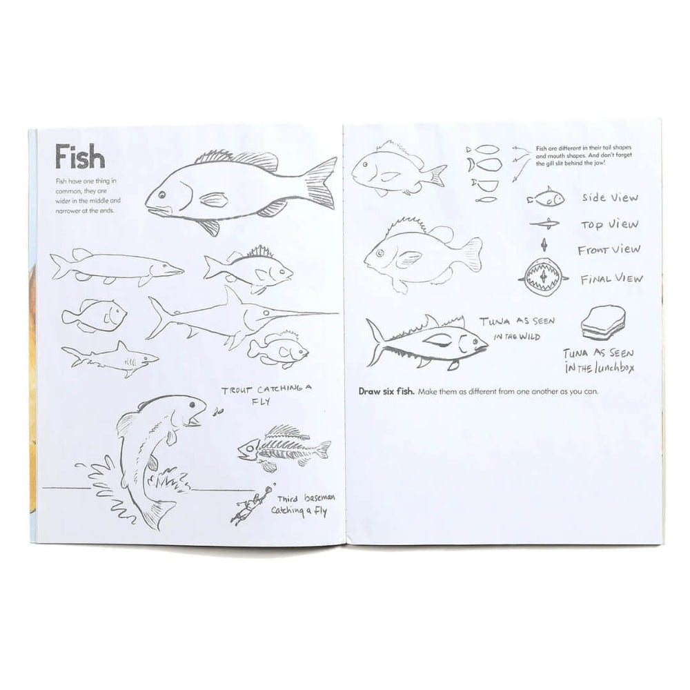 Interior page from Learn to Draw Animals Book, showing instructions to draw a fish.