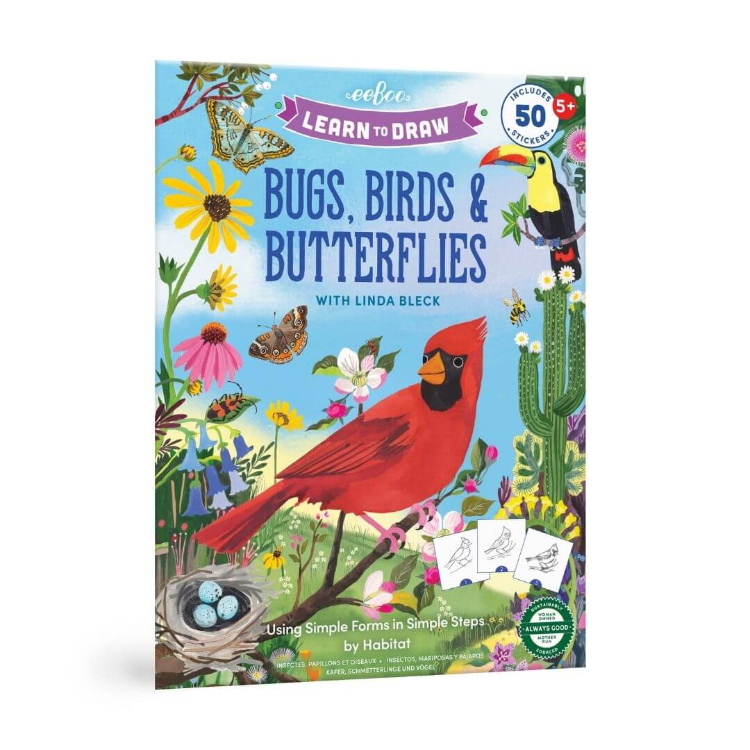 Cover of eeBoo’s Learn to Draw Birds and Butterflies book, featuring colorful illustrations, step-by-step drawing guides, and nature-themed designs for kids.