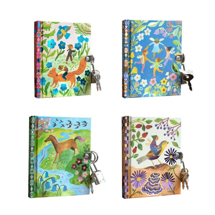 The four different cover choices of this pocket-sized eeBoo Very Small Fairy Journal with whimsical fairy artwork by Gemma Koomen, gold foil accents, a metal lock, and two keys for secret writing. 