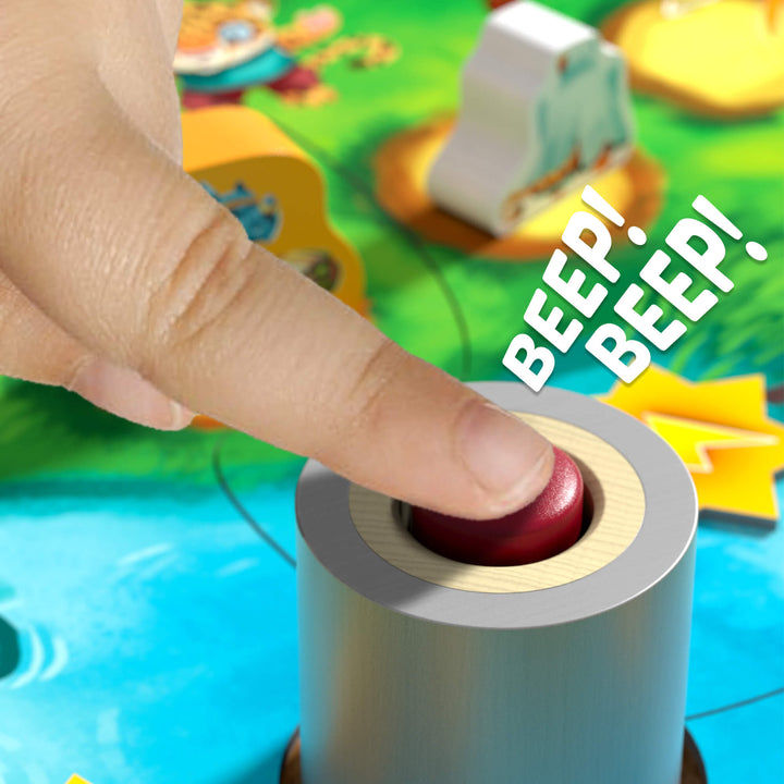 A closeup of a finger pressing the wooden buzzer - beep! beep!