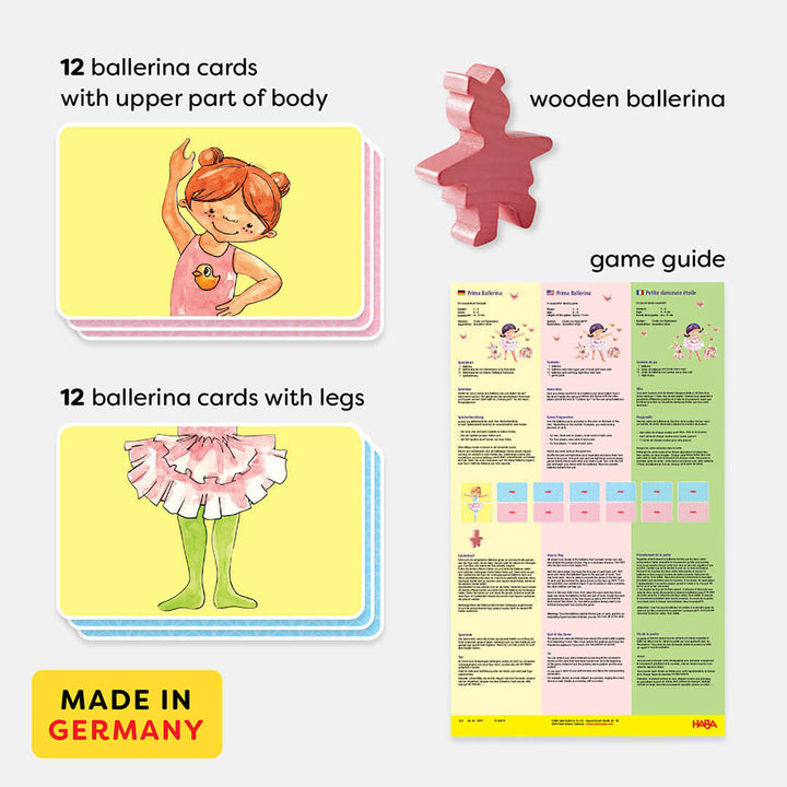 Prima Ballerina game features 12 ballerina cards, a wooden ballerina figure, and a game guide, showcasing fun ballet-themed activities.