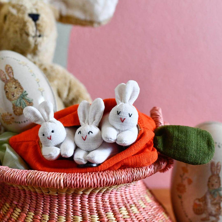 Close up of Hide and Seek Bunnies in carrot pouch in Easter basket