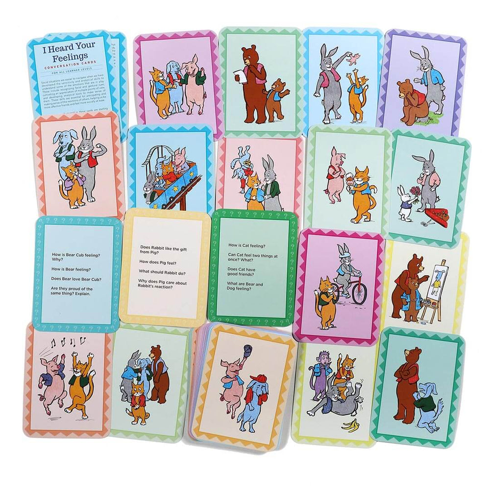 I Heard Your Feelings Conversation Cards displayed with illustrated scene on one side and questions about the scene on the other