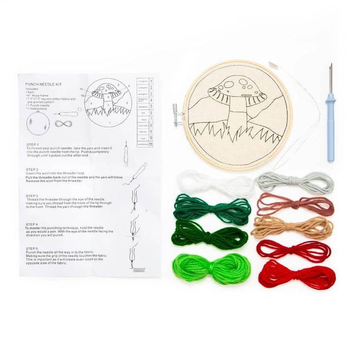 Materials in the mushroom punch needle kit from Kikkerland.