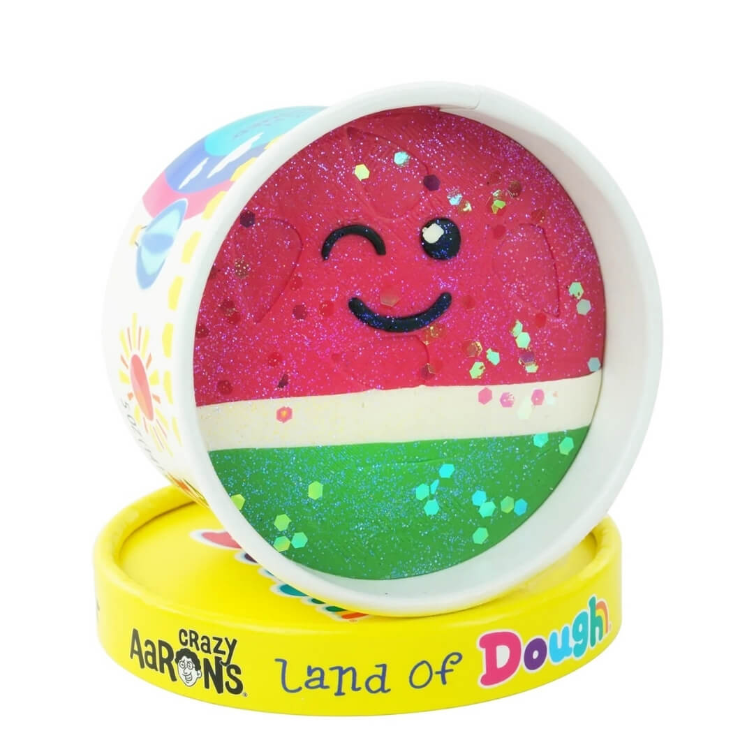 Watermelon Ellen play dough cup from Land of Dough featuring a winking watermelon.