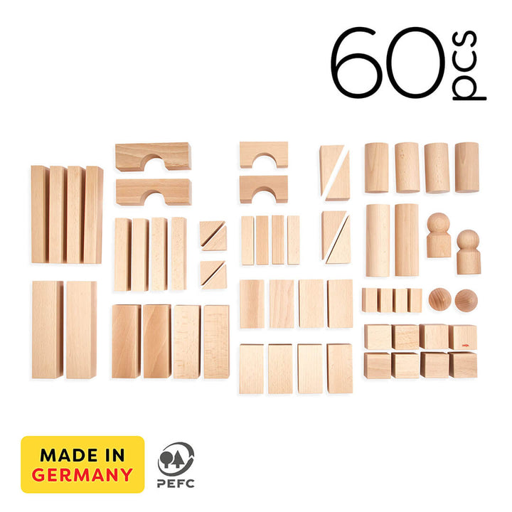 Basic Building Blocks 60 Piece Large Starter Set - A collection of 60 wooden building blocks of various shapes and sizes. PEFC certified. Made in Germany.