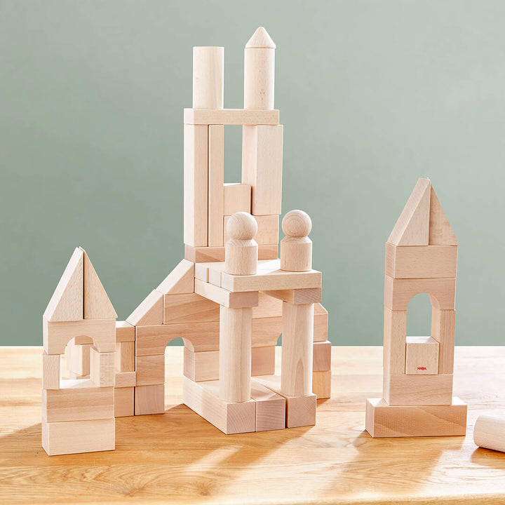 Basic Building Blocks 60 Piece Large Starter Set of wooden building blocks arranged to form a castle-like structure with towers, archways, and domed tops.