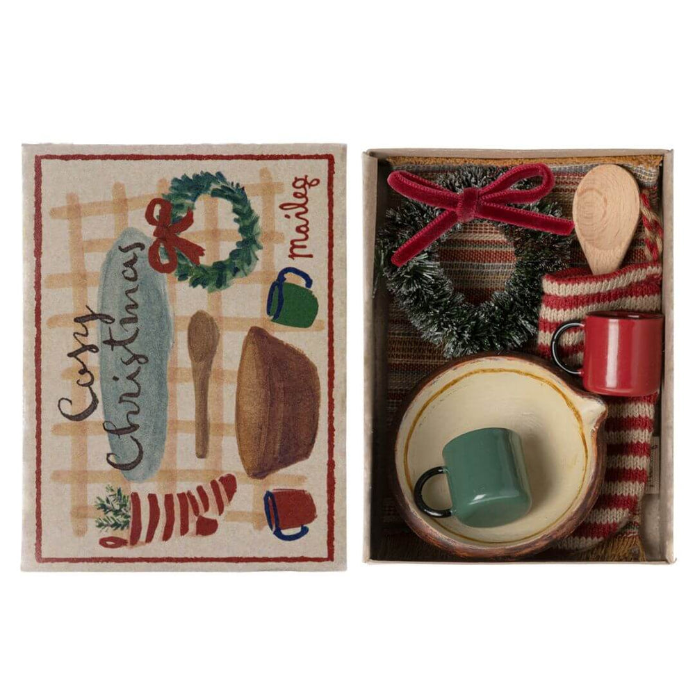 Maileg Cozy Christmas decoration set in a match box for mouse holiday collection.