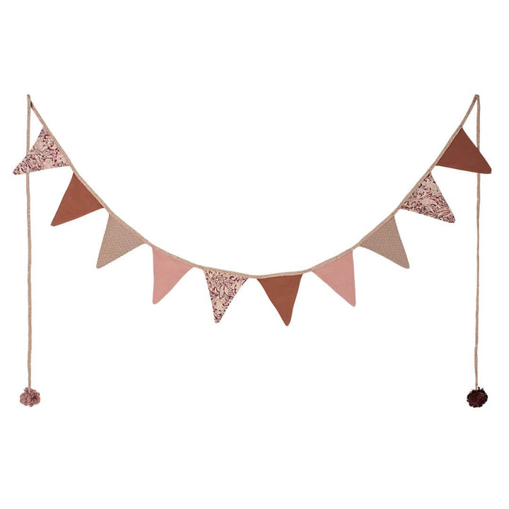 The Maileg Rose Colored Garland spread out to show all the 11 flags. This garland adds festivity to any space with 11 soft pink fabric flags. Nearly 10 feet long, it’s the perfect nursery or party decor accent.