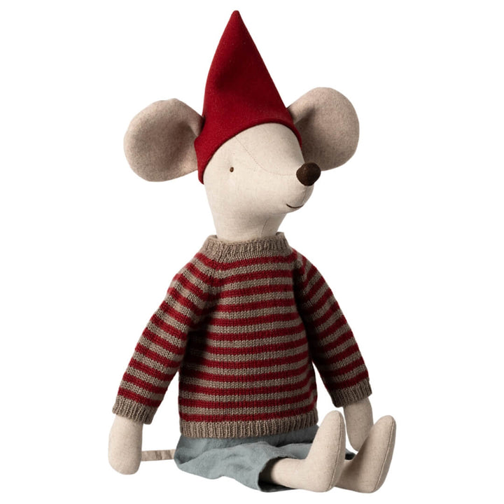 Maileg large Christmas mouse in a striped knit sweater, blue pants and pointy red elf cap.