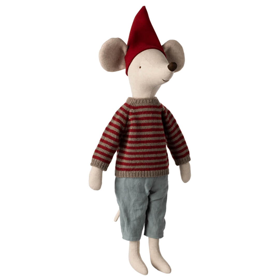 Maileg large Christmas mouse in a striped knit sweater, blue pants and pointy red elf cap.