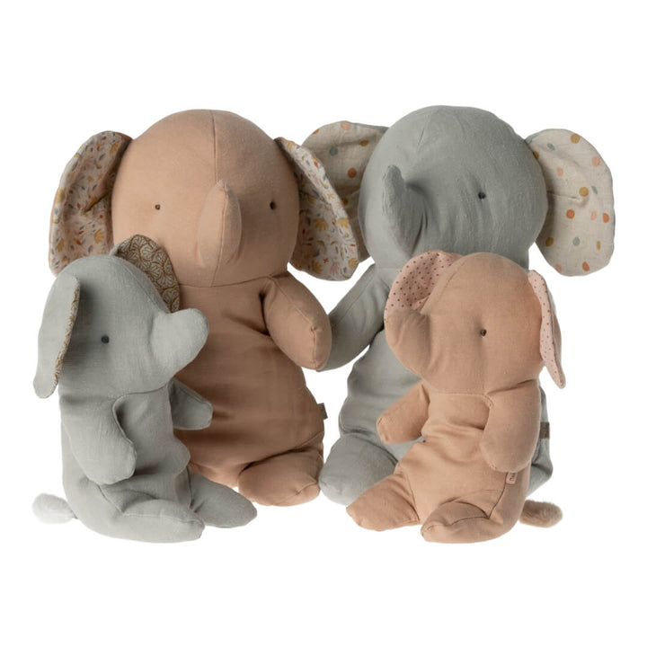 Collection of medium and small Maileg elephants in gray and light rose