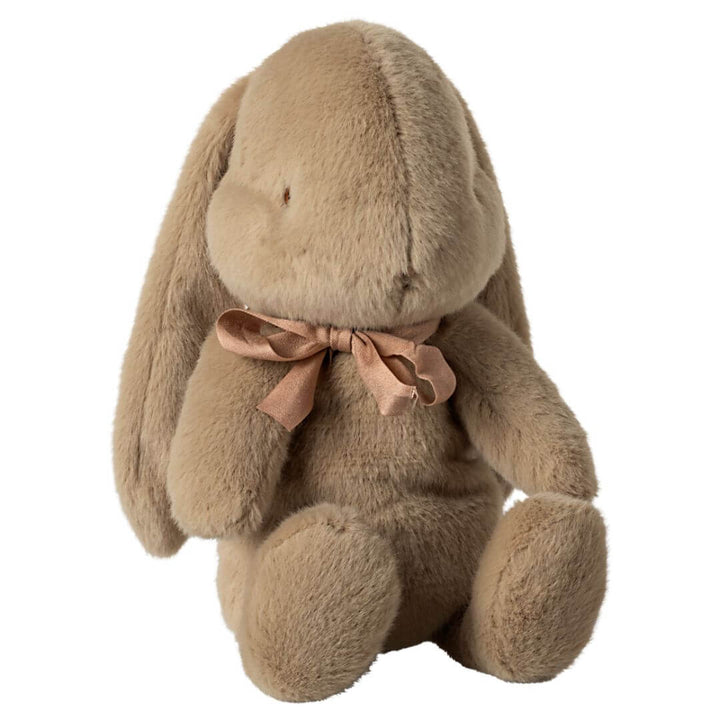 Maileg Medium Plush Bunny in Dusty Brown – an ultra-soft, cuddly stuffed bunny with floppy ears, embroidered details, and a charming brown bow. A perfect gift for Easter,  baby shower gift, or any special occasion.