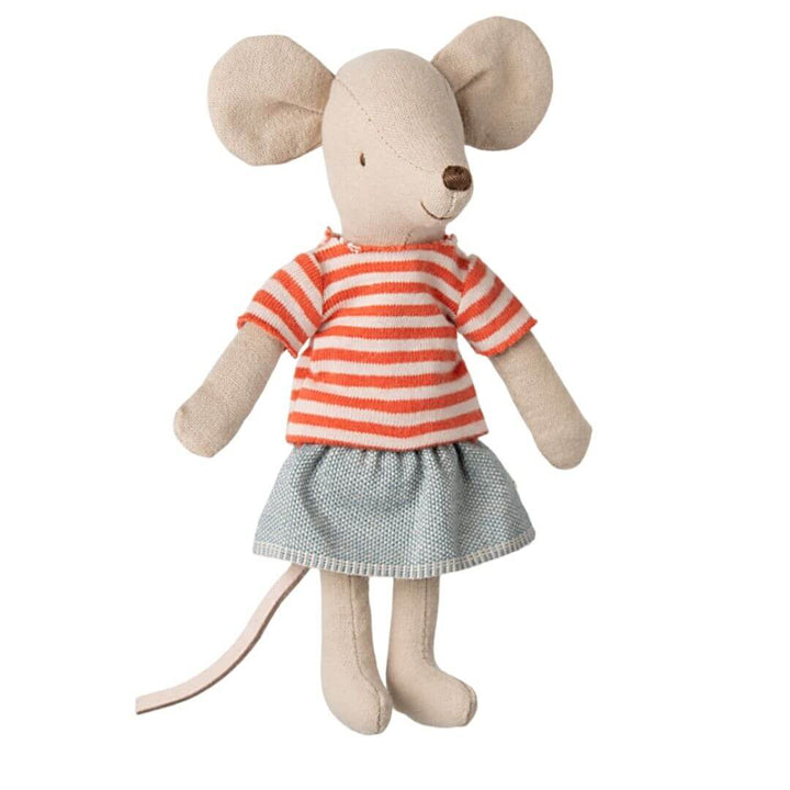 Maileg's Big Sister mouse, Mimie, wearing a red and white striped tshirt and a blue skirt.