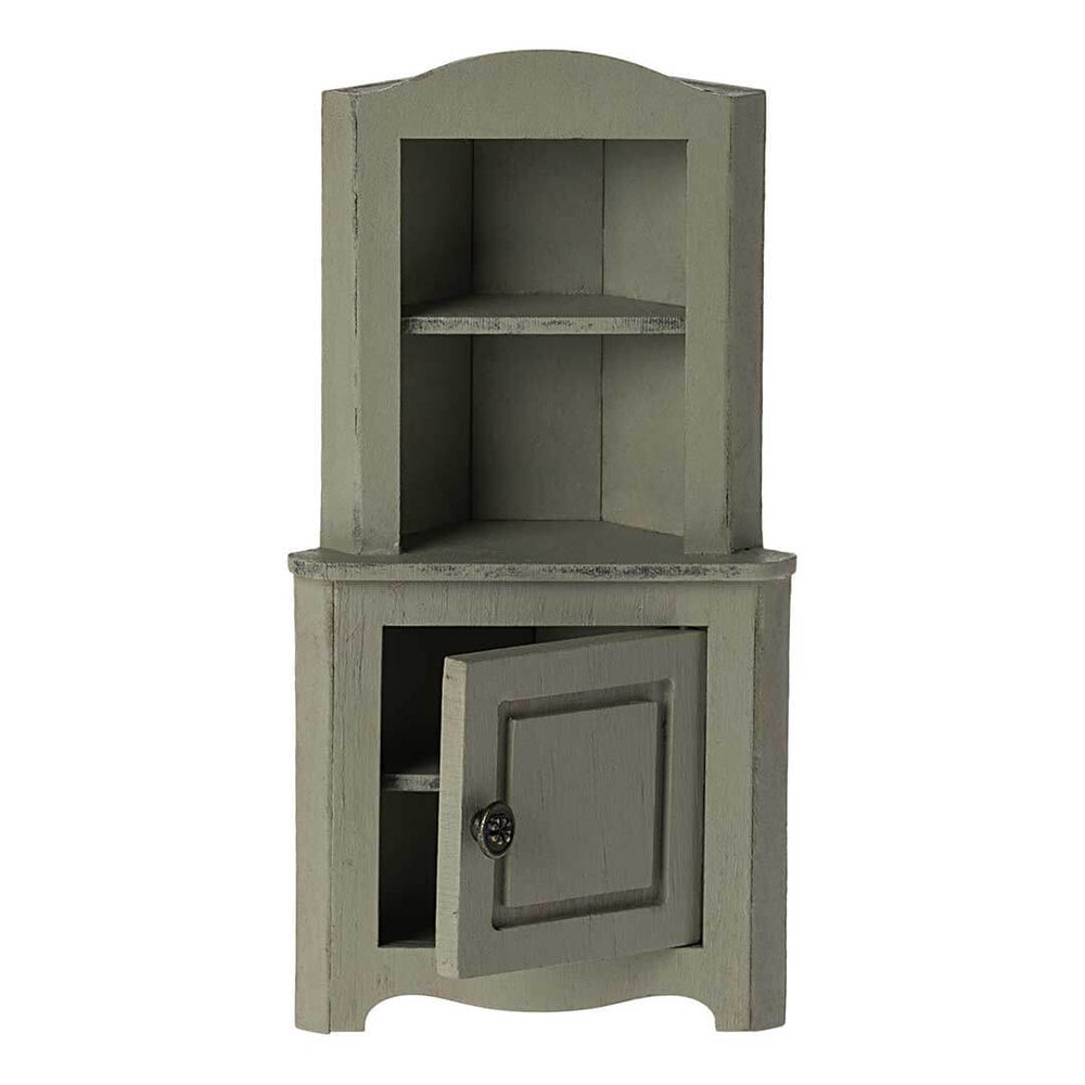 Maileg Mouse Sized Corner Cabinet in Light Green with 1 upper shelf and 1 lower cabinet with the door open