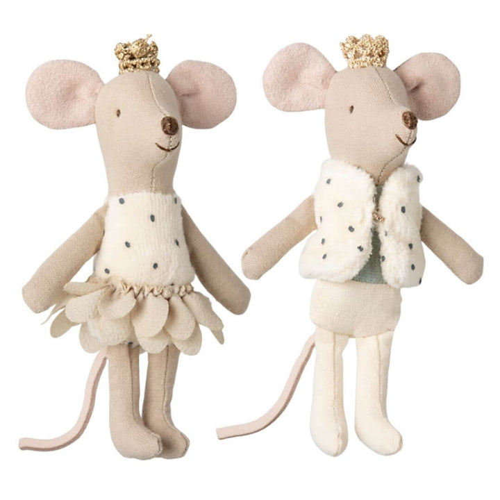 Maileg Little Sister princes mouse and Little Brother prince mouse in fur top and crowns.