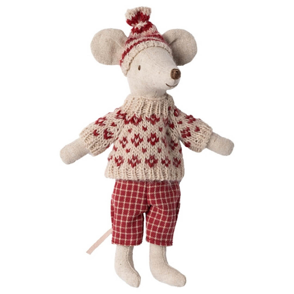 Maileg Dad Winter Ski Mouse in a blue and white knit sweater and cap, with red plaid pants.