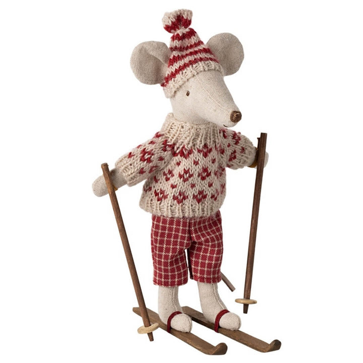 Maileg Mom Winter Ski Mouse in a red and white outfit with wooden skis.