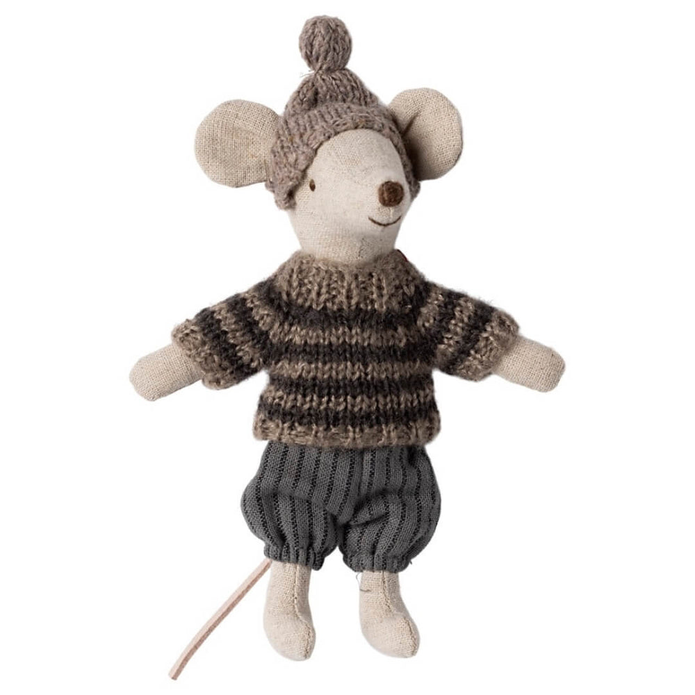 Maileg Big Brother Winter Ski Mouse in a grey knit sweater, pants and cap.