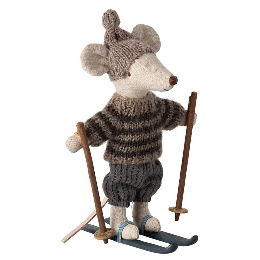 Maileg Big Brother Winter Ski Mouse in a grey outfit with wooden skis.