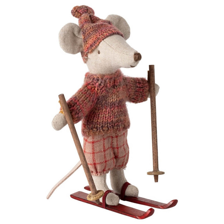 Maileg Big Sister Winter Ski Mouse in a pink outfit with wooden skis.