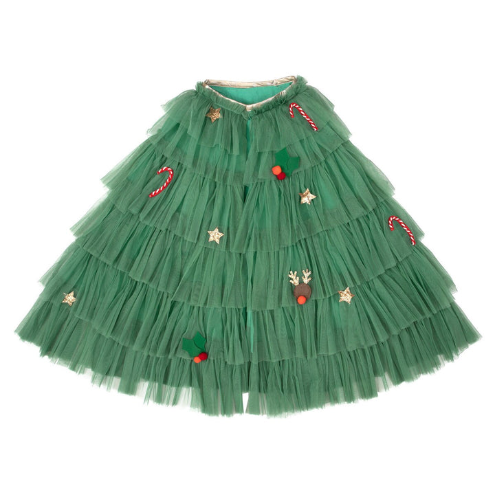 A green tule cape with red ornament decorations, meant to look like a christmas tree.