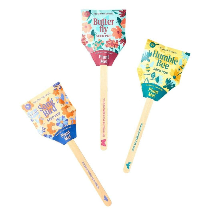 3 colorful Seed Pops with wildflower seeds, ready to plant in pots or gardens. Choose from Song Bird, Butterfly, and Humble Bee. A fun, eco-friendly way to support pollinators and brighten outdoor spaces.