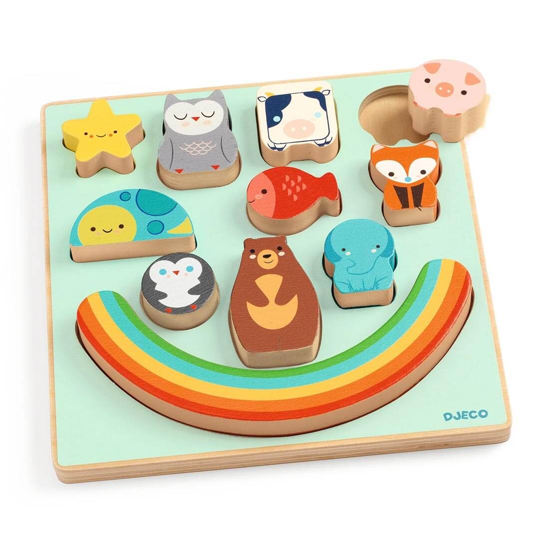 Puzz & Boom Animal Rainbow Wooden Puzzle with seafoam green wooden board and animal shapes with similarly shapes slots and a rainbow shape with shaped slot