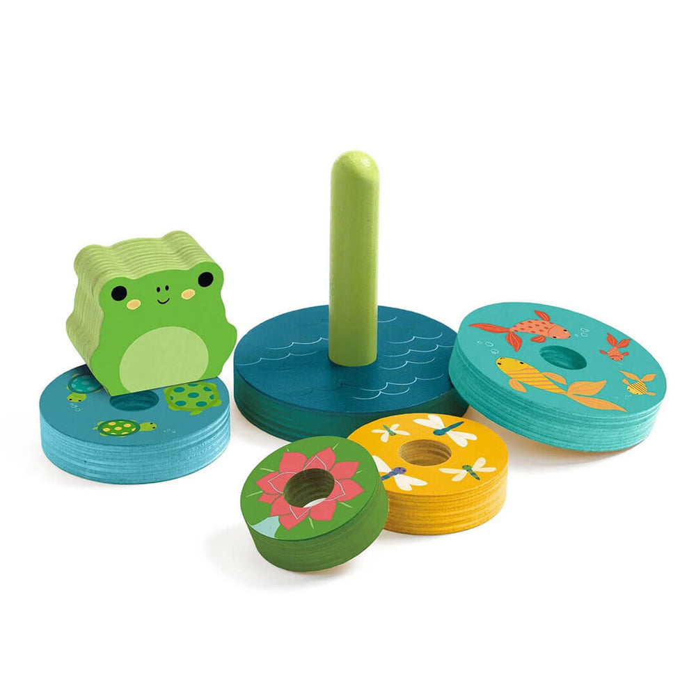 5 round wooden discs, 1 cylinder in the disc, and 1 wooden frog