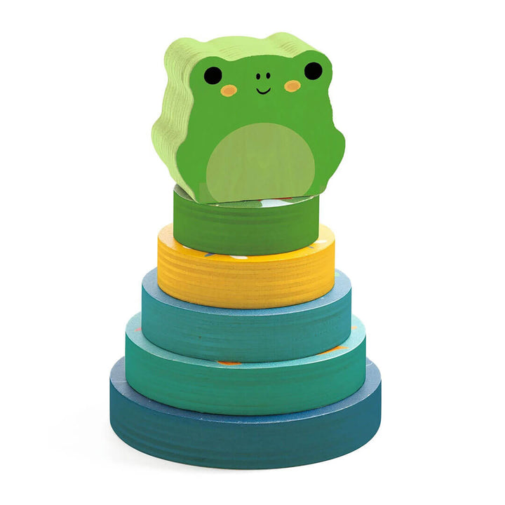 5 wooden discs stacked on top of eachother with a wooden frog on top