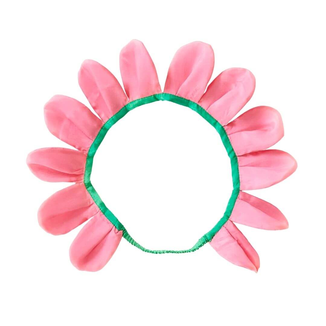 Sarah's Silks Flower Petal Crown in pink, made from 100% mulberry silk with a green elastic band, designed for Waldorf-inspired dress-up and imaginative play.