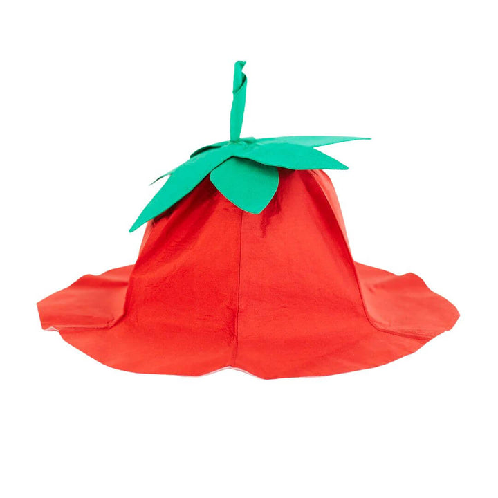 A red strawberry themed silk hat with a green stem and leaves on top.