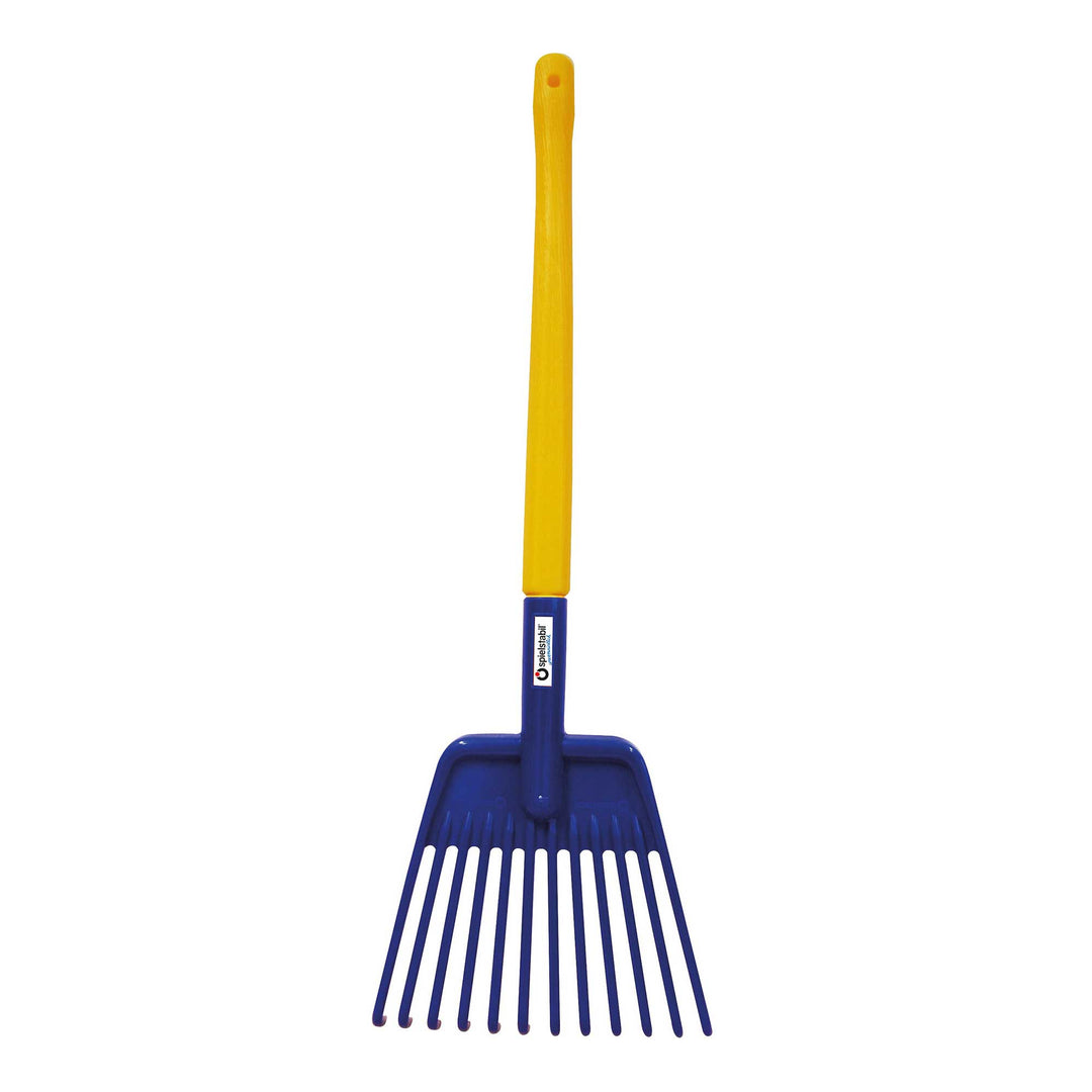 Spielstabil Long Handled Leaf Rake with blue rake and yellow handle