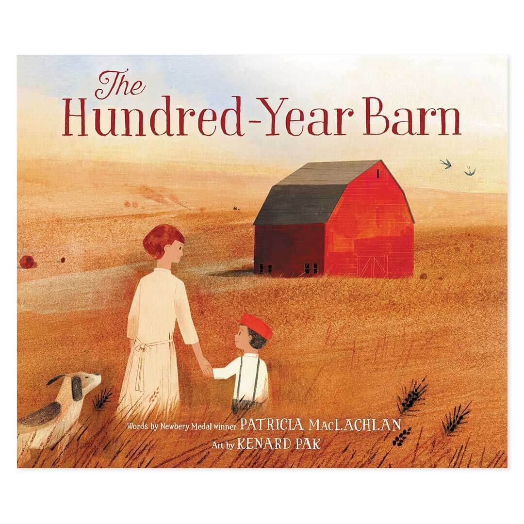 The Hundred-Year Barb book cover with illustrated red barn, and mom, son, and dog walking in a wheat field