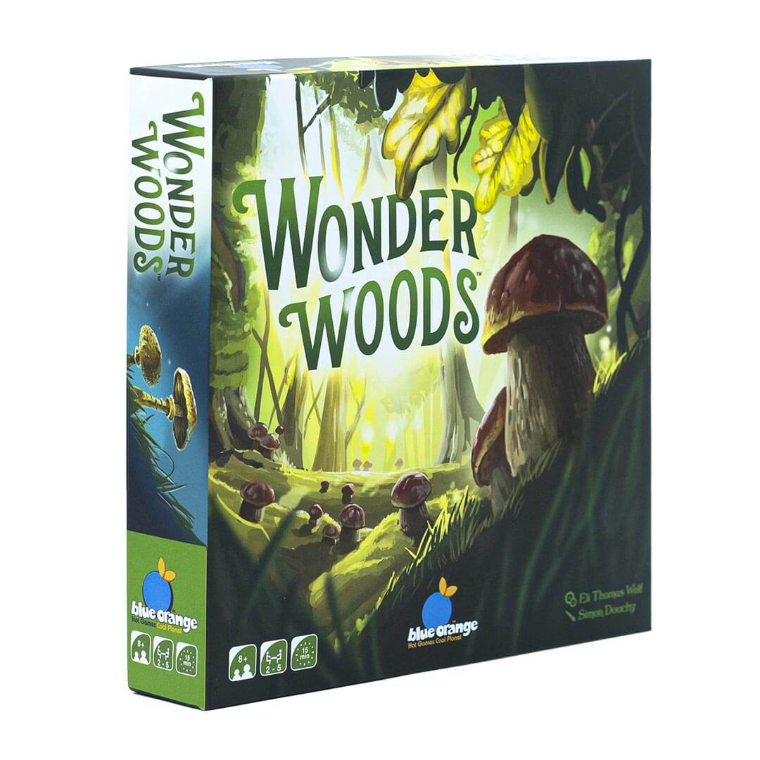 Wonder Woods game box cover with illustrated mushrooms in a forest scene